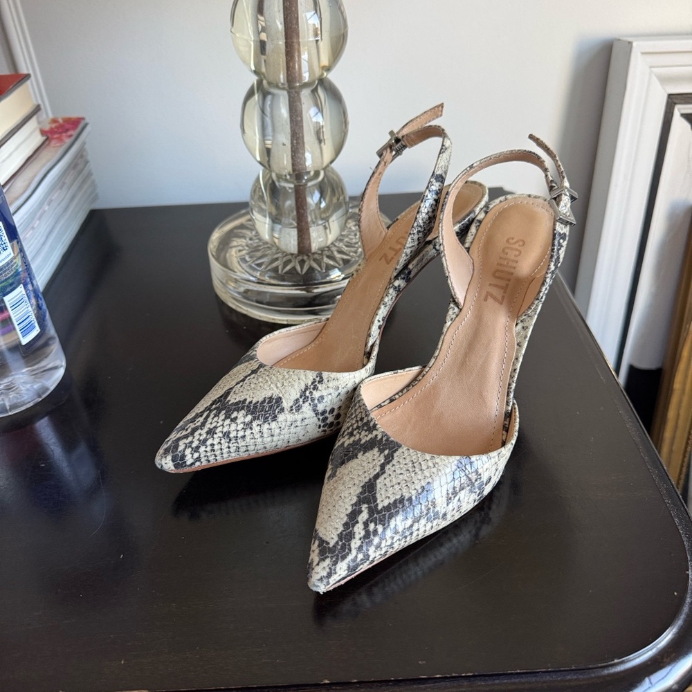 SCHUTZ Neutral Animal Print Snake-Print Pointed Slingback Pumps